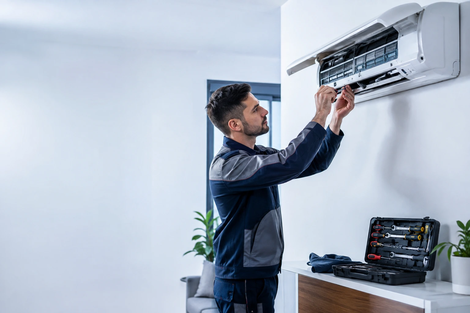 Técnico da EFB Refrigeração realizando manutenção de central de ar em Belém