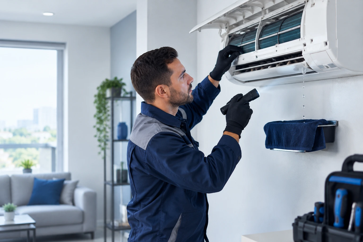 Ar-condicionado pingando água com técnico da EFB Refrigeração realizando avaliação