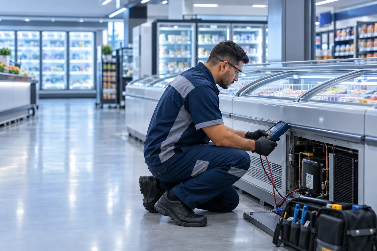 Manutenção de freezer em Belém com técnico da EFB Refrigeração avaliando equipamento