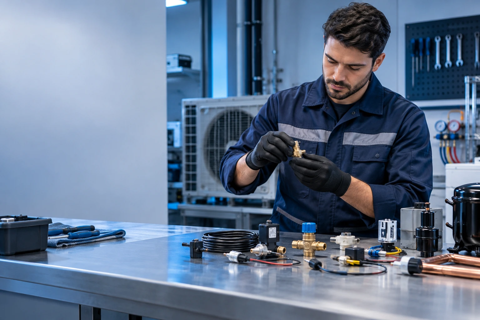 Venda de peças para refrigeração em Belém com técnico da EFB analisando componentes