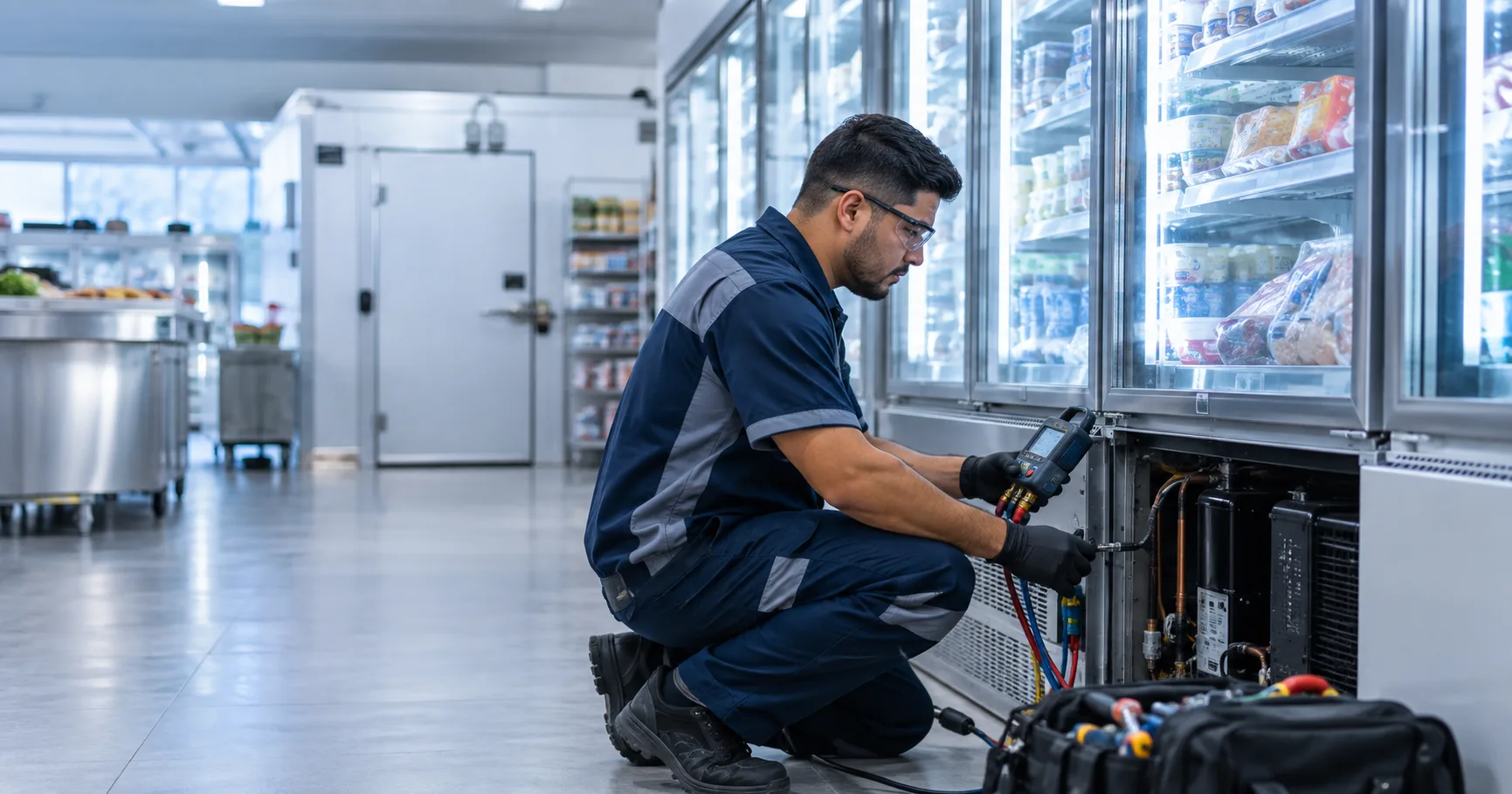Refrigeração comercial em Belém com técnico da EFB Refrigeração avaliando equipamento comercial